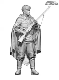 1/16 Figur Russischer Soldat mit Umhang und Pelzmütze unbemalt aus Resin