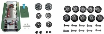 Spar Set: Metallwanne + Stahlgetriebe + Laufrollen + Leit- und Treibraeder T34/85 Taigen 1:16