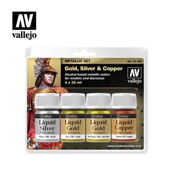 Liquid Gold 70199 Vallejo Metallic Set Gold, Silver & Copper Liquid Gold 70199 Vallejo Metallic Set Gold, Silver & Copper