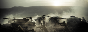 Militärfiguren und Panzer bei einem Gefecht
